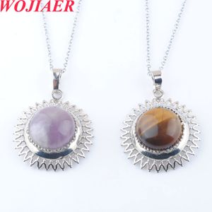 Wojiaer Sun Sun Flower Natural Gem Stone Alloy Drop Pendant Necklace Semi Round Purple Crystal Quartz Jewelry Girl Bo922