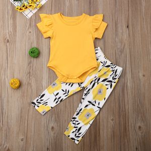 Summer Toddler Kids Baby Girl 0-3y Kläder Set Ruffles Short Sleeve Yellow Romper Tops Floral Pants Outfits Set kläder