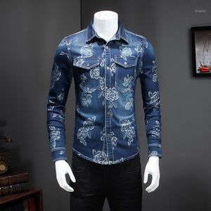 Camisas casuais casuais por atacado - marca de marca de camisa de moda 2021 magro ajuste manga longa mens sinal para baixo colarinho duplo bolso design jeans 5xl-m1