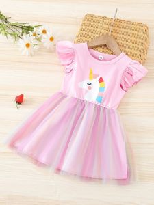 Kleinkind-Mädchen-Kleid mit Einhorn-Print, Flatterärmeln und Netzsaum