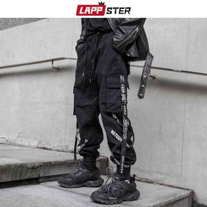 Lappster Mens Japanese Streetwear Cargo Spodnie 2021 Męskie Wstążki Hip Hop Kombinezony Joggers Spodnie Męskie Czarne Fashions Spodnie dresowe H1223