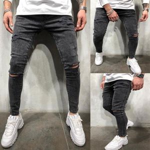 Men's Jeans 2021 Men Skinny Ripped Hole Biker Denim Pencil Pants Black Blue Destroyed Frayed Fit Jean Slim Streetwear Trousers