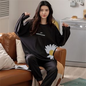 MELIFLE Autumn Pure Black Nightwear for Women Winter Warm 100% Cotton PJS Soft Satin Sleepwear Atoff Home Female Silk Pajama Set 201217