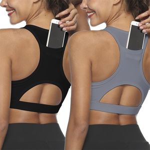 Femmes Entraînement Débardeur Gym Stretch Téléphone Poche Creuse Yoga Sport Courir Soutien-Gorge Rembourré T200601