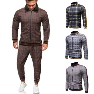 Gentlemen Tracksuit 남성 패션 스포츠 정장 남자 세트 브랜드 격자 무늬 지퍼 스웨터 + 스웨트 팬츠 망 의류 2 개 세트 201008