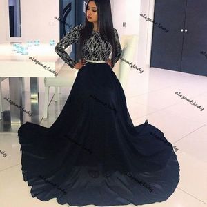 Schwarze Pailletten Perlen Prom Kaftan Roben Kleid 2021 Mode Langarm Sweep Zug Juwel Hals muslimische marokkanische Abendkleider