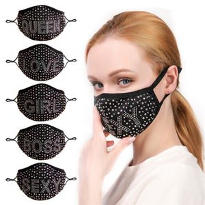 Moda Renkli Yüz Ağız Maskesi Bling Elmas Parti Rhinestone Kullanımlık Yıkanabilir Seksi Aşk Holloween Mektubu Kadınlar Kız için Toz Geçirmez Koruyucu Pamuk Maskeleri