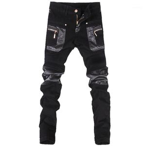 Men's Pants Wholesale- Korean Style Cool Fashion Mens Punk With Leather Zippers Black Color Tight Skenny Plus Size 33 34 36 Rock Trousers1