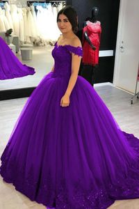 Dark Purple Evening Dresses Prom Gowns 2021 Off The Shoulder Lace Applique Open Back Lace-up Ball Gown Quinceanera Dress Prom Cheap