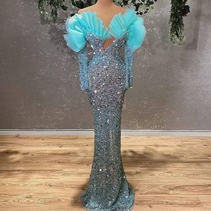 Skräddarsy Sequin Aftonklänningar med Ruffles från axeln Mermaid Prom-kappor Golvlängd Långärmad Party Dress