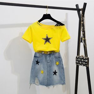 2019 frauen Sommer Neue Casual Zwei Stück Set Pailletten Sterne Slash neck T-shirt + Stickerei Stern Quaste Denim Rock mit Gürtel T200702