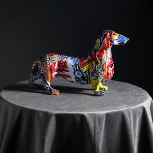 Nordic Painting Resin Dachshund Figurine Animal Sculpture Modern Art Dog Miniatures Statue Home Decor Sketch Props Ornaments 201201