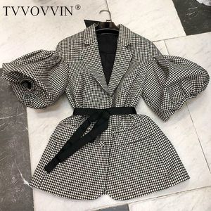 TvVovvin Blazer Односморожая слоеная рукава плед женские Blazer Part Retro зашнуровать женский тонкий костюм куртка осень B318 201114