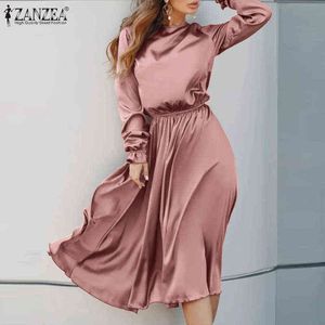 Zanzea 2021 mode elegant långärmad hög midja satin klänning kvinnor våren casual midi vestidos kaftan solid ol arbete sundress 7 y220214