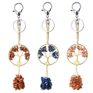 Natural Stone Keychain Tree of Life Pendant Wire Wrapped Chip Beads Lobster Clasp Key Holder Car Accessories Jewelry