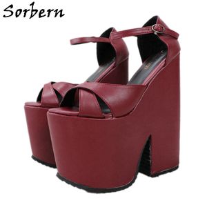 Sorbern Wine Red Ankle Strap 샌들 웨지 블록 발 뒤꿈치 플랫폼 여성용 웨지 여성용 웨지 슈즈 chunky 발 뒤꿈치