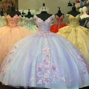 Lila och blå söt 16 klänningar prom boll klänning 2021 blommig spets applique 3d blommor tulle sweetheart vestidos de quinceanera kvällsklänning