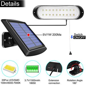 20 led Solar light Separable Panel and Light With Line Waterproof PullSwitch Wall Lighting Available Outdoor or Indoor