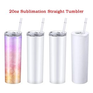 US Stock 20oz Sublimation White Water Bottles Stainess Steel Camping Travel Home Drinkware Coffee Tea Mugs Tumblers With Plastic Straw And Lid