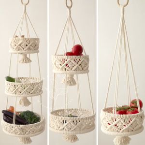 3 Tier Macrame Hanging Basket Boho Home Decor Flower Plant Hängande fruktkorg för kök inomhus utomhusdekorativ 220211