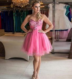 Rosa Beaded Sweetheart Homecoming Vestidos Zipper Back Sem Mangas Robe de Marrigo Curta Uma Linha Tule Cocktail Festa Clube Vestidos V44