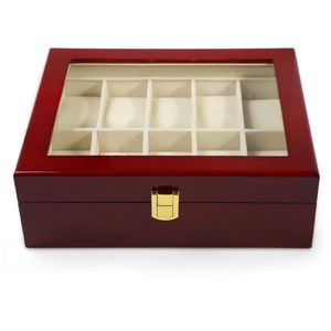 Uhrenboxen Hüllen 2021 10 Gitter Rote Holzkiste Glasabdeckung Elegante Box Jewerly Aufbewahrungsorganisator Caixa Para Relogio