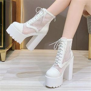 14CM Thick High High Heels Women Sandals Waterproof Female Platform Summer Mesh Lace Up Round Toe Party shoes for women white1