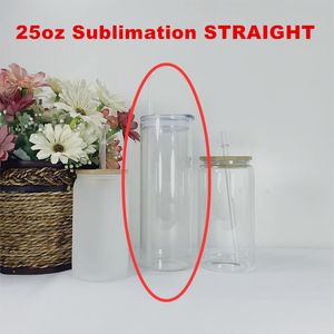 Wholesale! 25oz Sublimation STRAIGHT Clear Frosted Beer Glasses With Lids&PLASTIC Straws 750ml White Blank Water Bottles DIY Heat Transfer Wine Tumblers A12