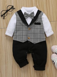 Baby houndstooth print bow neck 2 i 1 jumpsuit hon