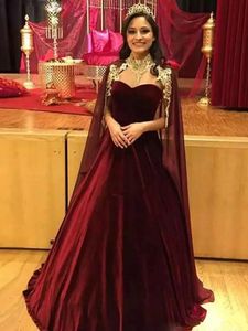 Saudi Arabic Burgundy A Line Evening Dresses with Cape Velvet Formal Evening Gown Skirt Dubai Prom Gown Long Dresses