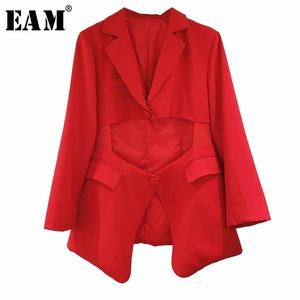 [EAM] Женщины красный нерегулярный раскол Blazer Blazer новый отворот с длинным рукавом свободные подходящие куртки модный прилив весна осень 1Y593 201114