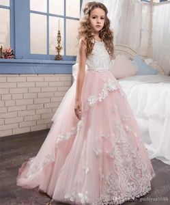 Ny Blush Pink Ball Kappa Flower Girl Dresses For Wedding Jewel Neck Ruffles Beading Golv Längd 2020 Lång Barn Födelsedagsfest Communion Dress