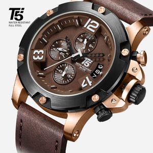 Lederarmband, rosa T5 für Herren, luxuriöser schwarzer Quarz-Timer, wasserdicht, Herren-Sportuhren, Herrenuhren