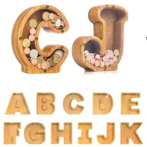 Wooden Letter Piggy Bank Novelty Items Transparent Coin Storage Box Home Decoration Crafts Ornaments RRB13482