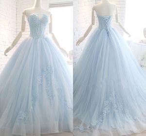 Light Blue 2021 Empire Waist Formal Party Dresses Lace See V-neck Corset Back Applique Tulle Princess Prom Quinceanera Dress Sweet 16 Girls