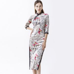 womens vintage dresses stand collar 3 4 sleeves printed lace piping side split printed velvet chinese style qipao dresses