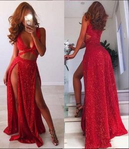 Sexy Günstige Rote Pailletten V-Ausschnitt Schwarze Mädchen Ballkleider Lange High Side Split Abendkleider Party Tragen Formelle Kleidung Vestidos De Fiesta