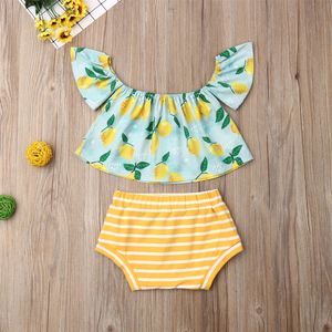 1-6 år Summer Toddler Kids Baby Girl Clothes Set Lemon Print Off Shoulder Top Shorts Pants Outfit Set