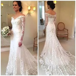 2022 Nuovo arrivo elegante bianco pieno pizzo al largo della spalla abiti da sposa trasparenti maniche lunghe sirena abiti da sposa con Sweep Train BA4066