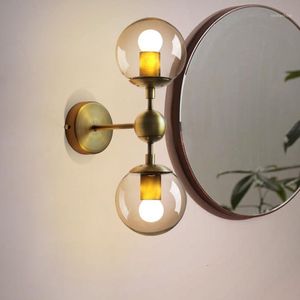 Vägglampa modernt sovrum e27 lampor trappa sconce metall bas globe glas dubbelboll huvuden vintage inomhusbelysning fixturer1