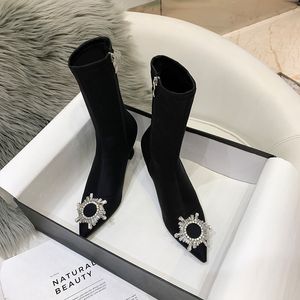 Hot Sale-Womens Mid Calf Stiletto Winter Boot for Woman Boot Sock Plus Size High Heel Lady Western Comfortable Shoe Free Ship Rhinestone