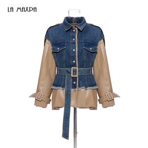 2020 womens Fashion Clothing Patchwork Hit Color Denim Coats Female Lapel Collar Long Sleeve High Waist Jackets For Women