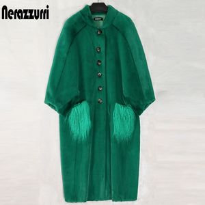 Nerazzurri Oversized Green Long Fluffy Faux Fur Coat Kvinnor Bat Sleeve med Mongoliska Furfickor Furry Coats Plus Size Fashion 201110