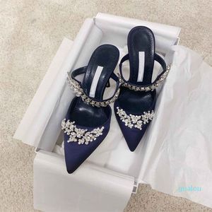 fashion-Luxury Popular Sandals Shoes Satin Mules Women Pumps Leaf Crystal-embellishment Slippers Sexy Pointed Toe Lady High Heels