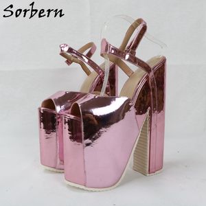 Sorback Metallic Pink Sandals 여성 슬링 백 블록 하이힐 25cm Chunky 발 뒤꿈치 플랫폼 오픈 발가락 맞춤 숙녀 신발