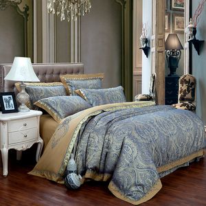 Kawa Niebieski Luksusowy Jedwabny Jacquard Bawełniane Zestawy Pościel / Bedclothes Queen King Size 4/6 PCS Duvet Cover Bed Linen Set Pillow 201120