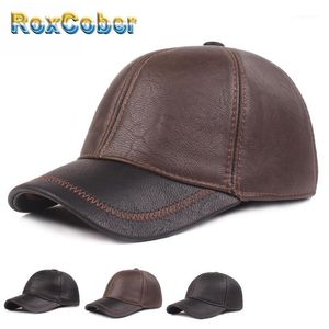 Ball Caps RoxCober Fall Winter Fashion High Quality PU Leather Mens Baseball Ear Flaps Snapback Sport Casual Gorra1