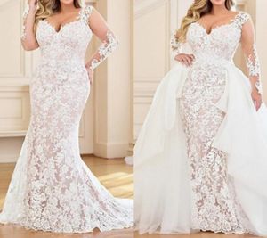 Sjöjungfru bröllopsklänningar v nacke brudklänning Sweep Train Lace Organza Långärmad Land Plus Storlek Ruffles Vestidos de Novia Custom Made 2022 Robe de Mariage