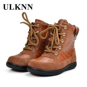 ULKNN Kinder Stiefel Winter Jungen Für Mädchen Kinder Stiefel Leder Echte Mode Retro Baumwolle Stoff Plüsch Pelz Schnee Stiefel Bota LJ201029