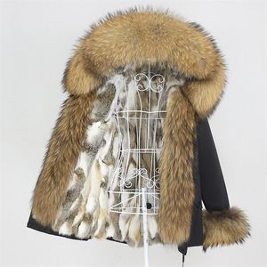 冬のジャケットの女性の短い防水パーカーリアルウサギの毛皮のライナーコートナチュラルアライグマの大きな毛皮の襟フード取り外し可能な20103